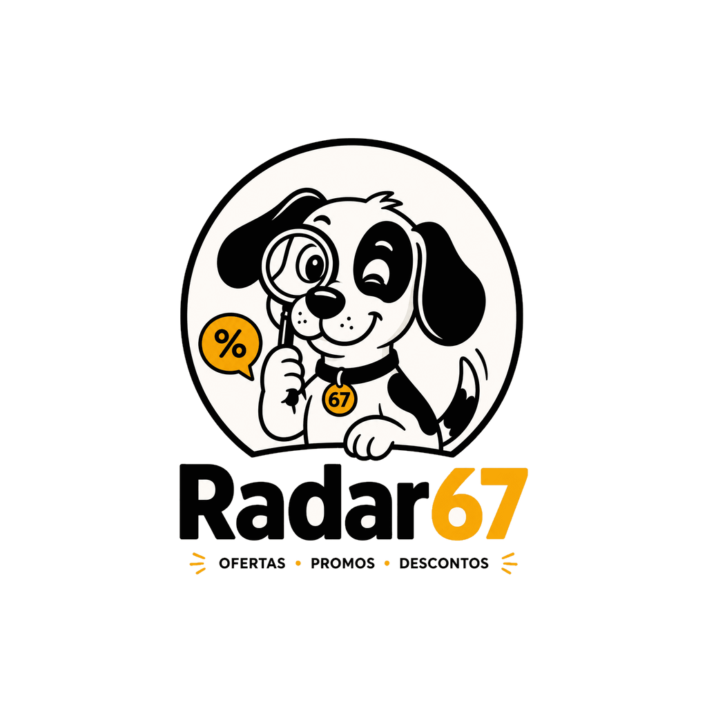 Radar, o cão farejador de ofertas da Radar67, olhando por uma lupa com uma bolha de desconto